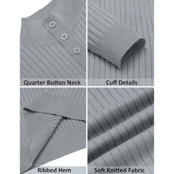 Men's Quarter Button Sweater Long Sleeve Stand Collar Sweater Knitted Light Grey - Picture 5 of 5